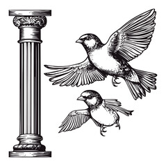 Fototapeta premium Detailed Engraving of Flying Birds with Classic Column Design