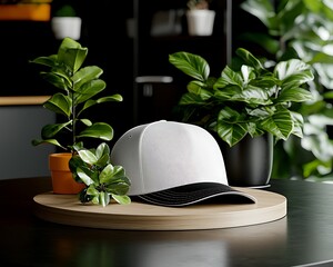 Blank white baseball cap, surrounded by greenery on wooden display