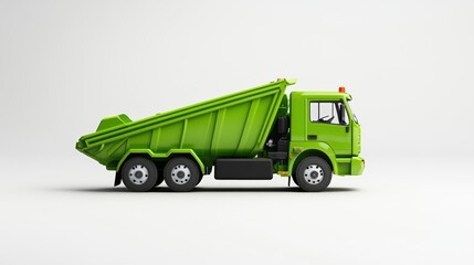 Detailed side view of a bright green modern heavy-duty dump truck with an empty cargo bed on a plain white background for transportation construction and logistics use