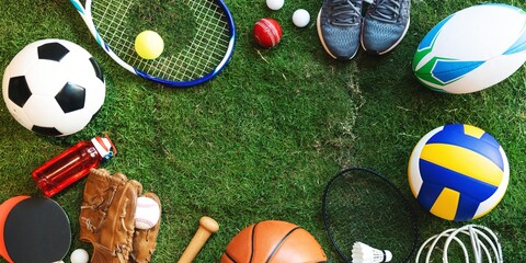 Various sports equipment on grass, including a soccer ball, tennis racket, rugby ball background....