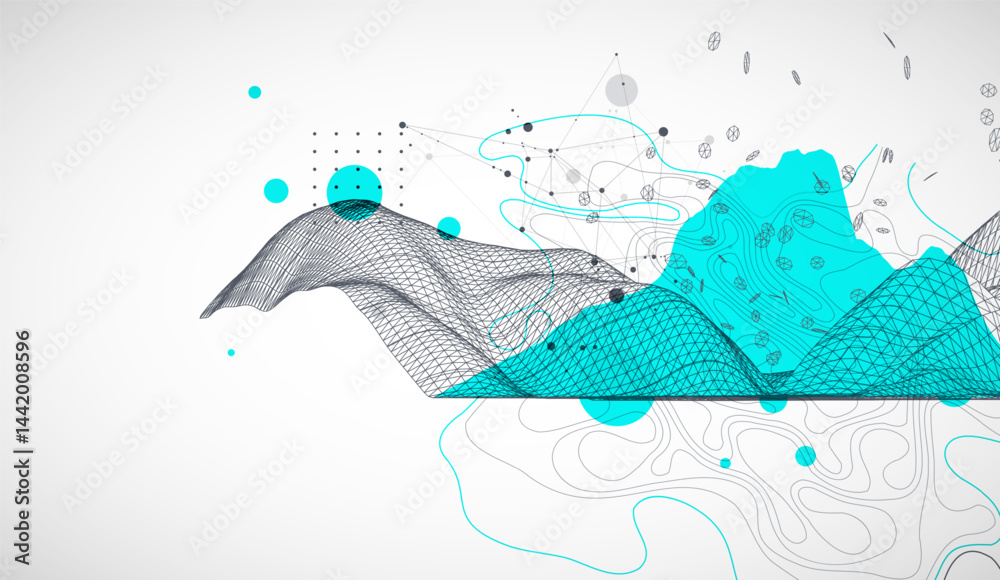 Poster Template for science and technology presentation. Wireframe waves. Plexus style background.