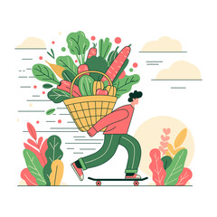 A man riding a skateboard holding a basket of vegetables. Color illustration in flat vector style.