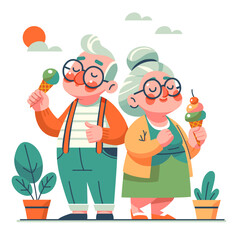 Cute retired couple walking in the park and eating ice cream on a warm sunny day. Colored illustration in flat vector style.