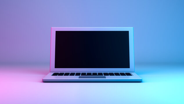 3D rendering, Realistic computer laptop mock up with neon blue and pink color, technology equipment design, empty space for copy, front side view, neon light colors background.