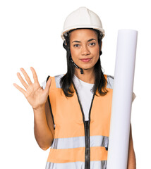 Young Filipino female architect smiling cheerful showing number five with fingers.