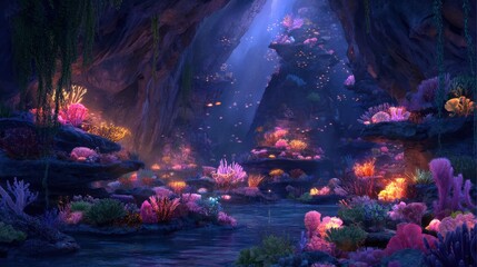 A magical underwater cave glows with vibrant coral, colorful marine life, and beams of sunlight filtering through the water.