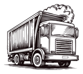 Vintage Engraving of a Classic Truck with Smoke Clouds Above