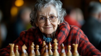 An elderly woman celebrates her victory at a local chess tournament, demonstrating her strategic thinking and skill. The atmosphere is filled with excitement and admiration for her achievement