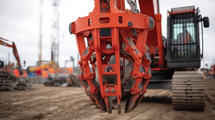 A bright red excavator claw attachment is featured on a construction site, with workers and machinery in the background.