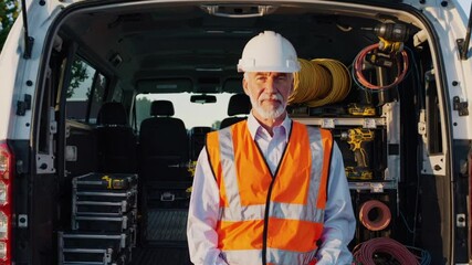 The fifty-year-old electrician arrived at the site in his minivan with spare parts prepares tools,  ready to start work