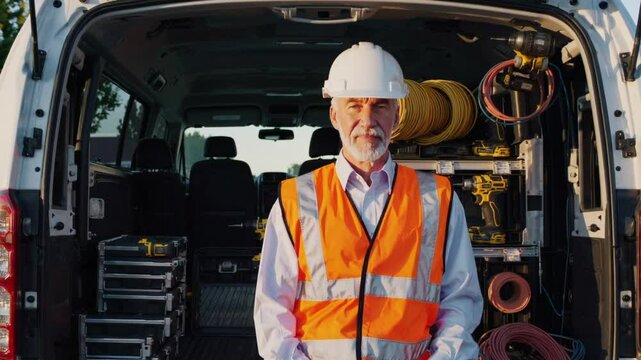  The fifty-year-old electrician arrived at the site in his minivan with spare parts prepares tools,  ready to start work