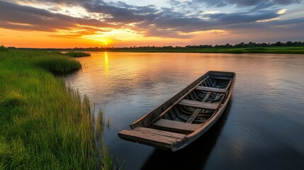 Obraz premium Tranquil sunset over calm river with a wooden rowboat floating near lush green riverbank du golden hour in a peaceful natural landscape scene