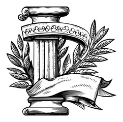 Detailed Engraved Illustration of a Classical Column and Laurel Wreath