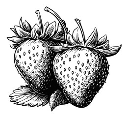 Detailed Black and White Engraving of Fresh Strawberries