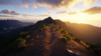 Scenic mountain trail at sunrise with lush greenery rugged terrain distant peaks and golden sky peaceful outdoor adventure landscape view
