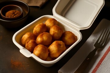 A close-up of fried banana pieces, golden and crispy with a flour coating, neatly arranged in a white takeout box. The snack is complemented by a small bowl of powdered sugar.