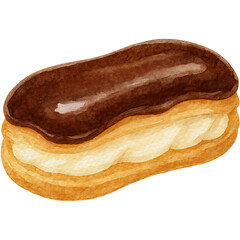 Obraz premium Watercolor Illustration of a Chocolate Glazed Eclair with Cream Filling 