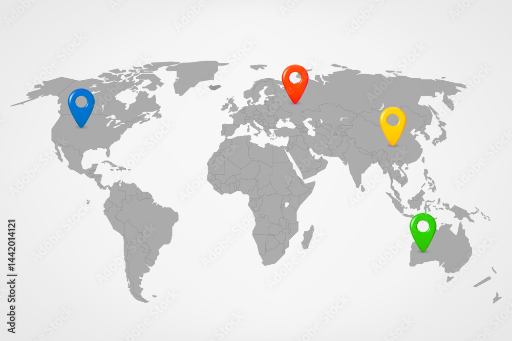 Poster world map with color pins. 3d vector illustration
