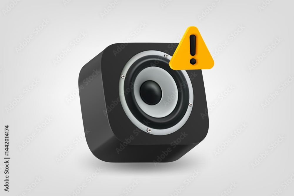 Poster sound speaker with with exclamaion sign. vector 3d illustration
