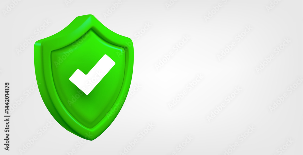 Aufkleber Green shield with check mark isolated on grey background. 3d vector banner with copy space