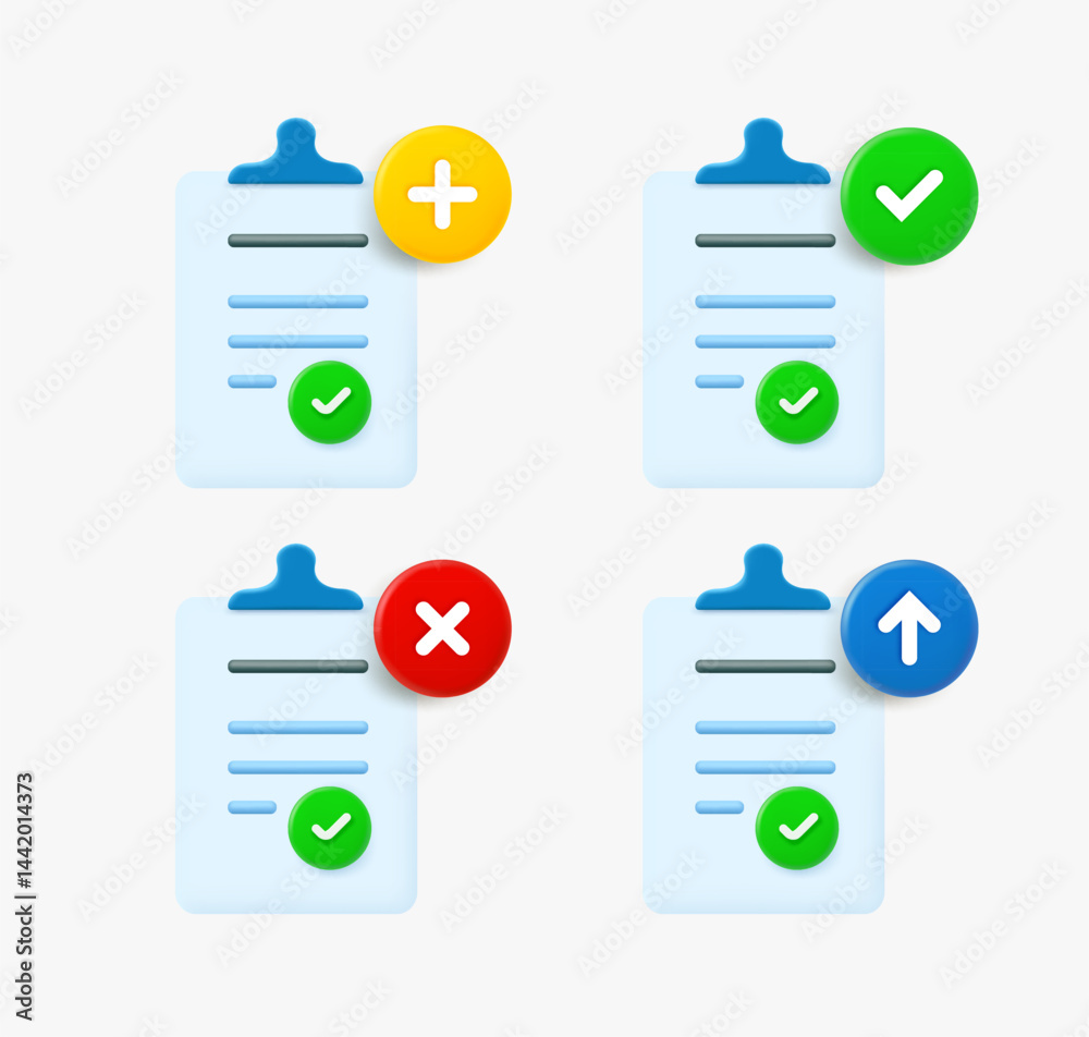 Fototapete paper document icon set with different pictograms. 3d vector icons collection