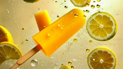 Popsicle, Frozen treat, Summer snack. Citrus refreshment. Ice cream melts quickly. Lemon flavor enhances enjoyment. Cold dessert soothes heat.