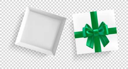 White gift box with green ribbon and bow. 3D vector elements isolated on transparent background