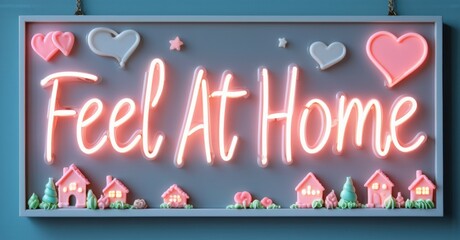 Neon sign displays Feel At Home text. Small houses, hearts, stars decorate bottom, top. Blue background, silver frame present.