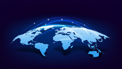 World travel ways concept with shining pathes. Vector 3d illustration