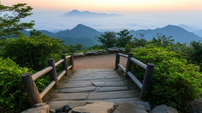 Scenic mountain viewpoint with stone pathway and wooden railings overlooking lush green hills and distant mountain peaks du misty sunrise or sunset - Powered by Adobe
