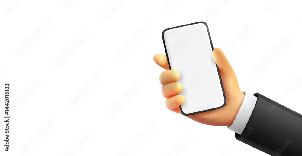 Poster Man holding modern smartphone with blank screen. 3d vector banner with copy space