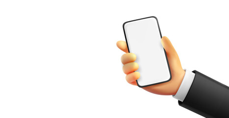 Man holding modern smartphone with blank screen. 3d vector banner with copy space