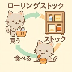 ローリングストックのインフォグラフィック、可愛いネコが買い物、棚の貯蔵、食事などのアクションを行っています。