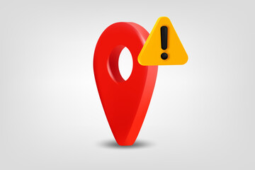 Map pin with exclamaion sign. Low energy concept. Vector 3d illustration