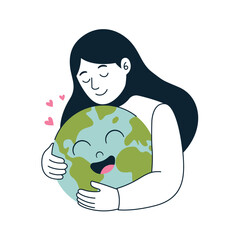 Smiling girl hug planet earth show care and love to environment and nature