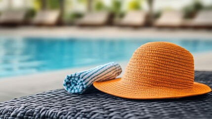 Bright orange sun hat with wide brim and striped towel resting on textured surface by swimming pool on sunny day, summer outdoor leisure scene