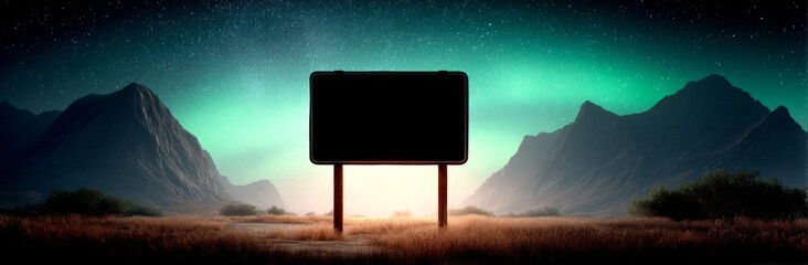 Dark billboard stands serene landscape, surrounded by majestic mountains and starry sky illuminated by northern lights. scene evokes sense