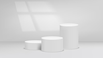 Empty bright studio with window light and podium. 3d vector background for product design