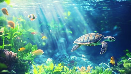 Sea turtle swims on the bottom of the blue ocean among sea inhabitants. Banner template of the underwater world and biome diversity, for advertising diving, caring for nature and travel or vacation