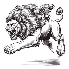 Naklejka premium Fierce Engraving of a Running Lion with Flowing Mane and Dynamic Pose