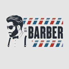 Barbershop logo, poster or banner design concept with barber pole and bearded men. Vector illustration
