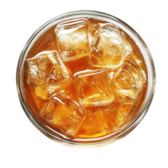 An overhead view of a glass filled with iced tea, complete with large ice cubes.