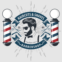 Barbershop logo, poster or banner design concept with barber pole and bearded men. Vector illustration