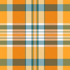 Vivid fabric vector check, lady textile seamless texture. Craft tartan background plaid pattern in orange and white colors.