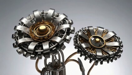 Obraz premium complex multilayer metal mechanical mechanism steampunk flower. the flower grows on a thin stem with mechanical leaves.