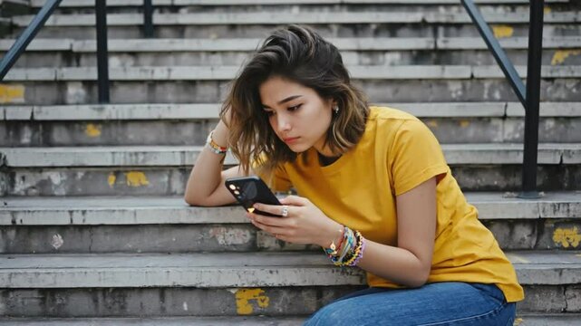 A smiling young woman with beautiful hair casually sits outdoors, using on her mobile phone