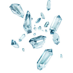 A digital image of fragmented ice crystals flying against a complex, abstract, geometric backdrop.