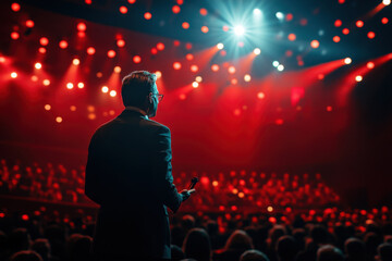 Man in suit stands on stage under red lights.