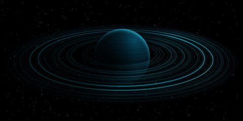 Abstract blue planet Saturn with ring around and Shining Starry sky. Scientific presentation backdrop for online conference or forum. Black outer space concept. Cosmic Science background. Vector illus
