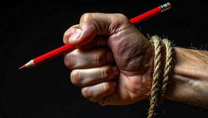 Hand Holding a Red Pencil Tied with Rope. World press freedom day
